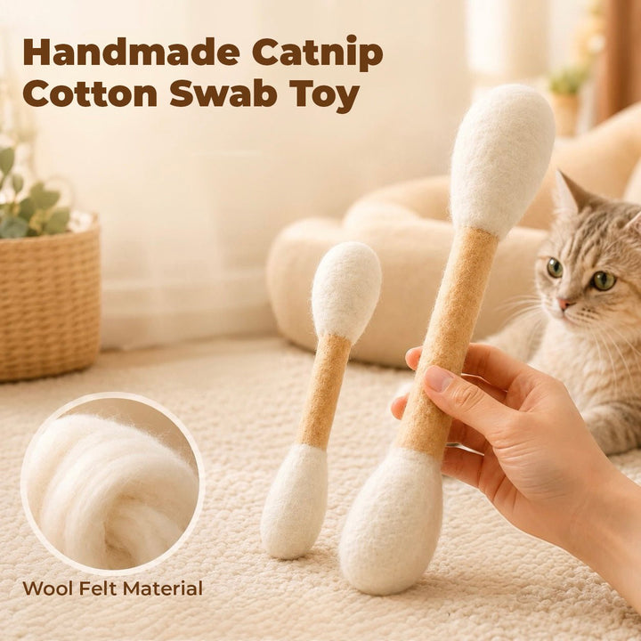 Handmade Giant Cotton Swab Wool Felt Pet Toy with Natural Catnip - PetPalsDIY