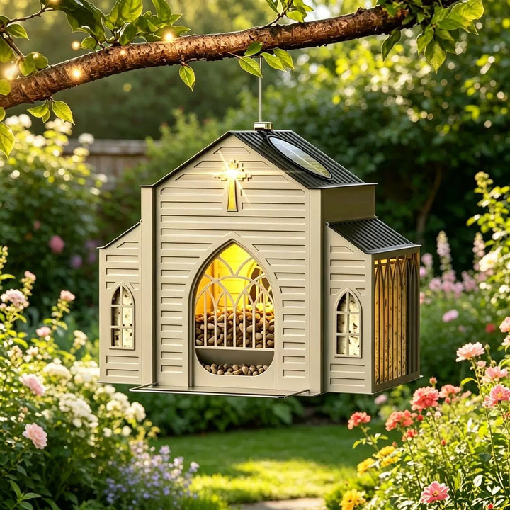 Rustic Solar Church Bird Feeder - PetPalsDIY